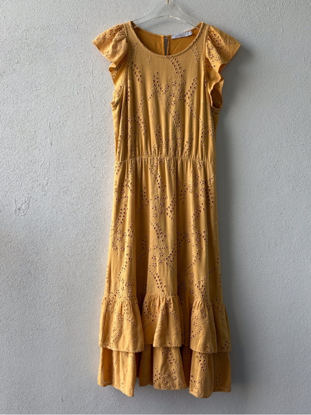 Eyelet Ruffle Midi‎ Dress by Ateen Size Euro 38 or M Mustard Yellow Boho Cottage